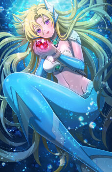  1girl absurdres air_bubble blonde_hair breasts bubble cleavage commentary_request fins full_body gem head_fins highres kiwakiwa long_hair marty_(mega_man) medium_breasts mega_man_(series) mega_man_x_(manga) mega_man_x_(series) mermaid monster_girl purple_eyes red_gem revision underwear 