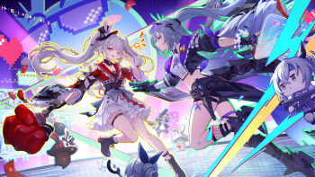  2girls ;p absurdres black_boots black_gloves black_hat black_jacket black_shorts boots capelet chinese_commentary commentary_request fishnets gloves goggles goggles_on_head grey_eyes grey_hair hat highres holding holding_weapon honkai:_star_rail honkai_(series) jacket jigboom long_hair midriff multiple_girls one_eye_closed purple_eyes raccoon red_capelet shorts silver_wolf_(elation)_(honkai:_star_rail) silver_wolf_(honkai:_star_rail) skirt sparkle_(honkai:_star_rail) sparxie_(honkai:_star_rail) thigh_strap thighs tongue tongue_out top_hat trailblazer_(honkai:_star_rail) twintails very_long_hair weapon white_hair white_skirt 
