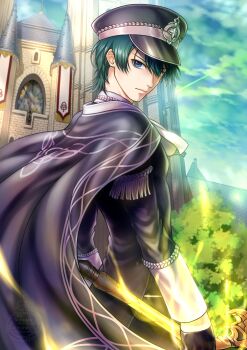  1boy ascot black_cape black_gloves blue_eyes blue_hair cape church closed_mouth commentary_request fire_emblem fire_emblem:_three_houses fire_emblem_heroes garreg_mach_monastery_uniform gloves hat highres holding holding_sword holding_weapon kuzumochi_soyo long_sleeves looking_at_viewer male_byleth_(academy)_(fire_emblem) male_byleth_(fire_emblem) male_focus nintendo official_alternate_costume outdoors peaked_cap short_hair solo sword sword_of_the_creator weapon white_ascot 