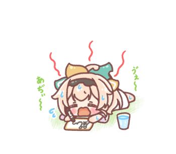  1girl barefoot blush_stickers brown_hair chibi closed_eyes colored_shadow commentary_request cup drinking_glass flying_sweatdrops highres holding holding_pen hololive hot kazama_iroha lying mitarashi_neko on_stomach open_mouth pen ponytail shadow shirt short_sleeves simple_background solo translation_request virtual_youtuber water wavy_mouth white_background white_shirt 