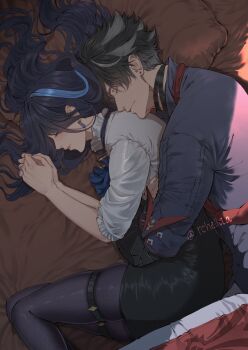  1boy 1girl ascot bandaged_arm bandages bed_sheet black_bandages black_hair black_pantyhose black_skirt blanket blue_ascot blue_hair clorinde_(genshin_impact) closed_eyes closed_mouth commentary ear_piercing earrings english_commentary genshin_impact grey_shirt hetero highres hug hug_from_behind jewelry long_hair lying multicolored_hair on_side pantyhose pencil_skirt piercing pillow rchella scar scar_on_neck shirt skirt streaked_hair stud_earrings white_shirt wriothesley_(genshin_impact) 