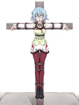  1girl absurdres bdsm black_shoes blindfold blue_hair bondage bound breasts commentary_request commission crucifixion gn-000 green_shirt highres infinite_stratos infinite_stratos_academy_school_uniform large_breasts necktie open_mouth pantyhose red_pantyhose restrained sarashiki_tatenashi school_uniform shibari shirt shoes short_hair skeb_commission white_shirt 