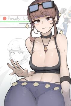 1girl azz0422 bare_shoulders beauty_(pokemon) black_choker black_tank_top blush breasts brown_eyes brown_hair choker cleavage closed_mouth collarbone denim eyewear_on_head highres holding jewelry large_breasts long_hair looking_at_viewer midriff navel necklace nintendo pants pokemon pokemon_xy short_hair smile sunglasses sweat sweatdrop tank_top rating:Questionable score:61 user:danbooru