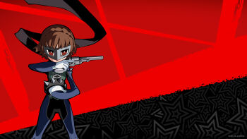  1girl atlus black_background black_bodysuit black_scarf blue_bodysuit bodysuit boots braid breasts brown_hair closed_mouth commentary company_name cross-laced_clothes crown_braid domino_mask english_commentary eye_mask gloves gun handgun highres holding holding_gun holding_weapon knee_boots legs_apart looking_at_viewer mask niijima_makoto official_art oribe_hanako parted_bangs persona persona_5 persona_5_tactica queen_(persona_5) red_background red_eyes revolver scarf second-party_source short_hair shoulder_spikes solo spiked_knuckles spikes standing star_(symbol) star_symbol_background weapon 