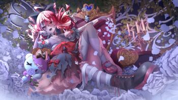  1girl absurdres black_dress black_shoes colored_skin dress gradient_eyes green_eyes grey_skin heterochromia highres hololive hololive_indonesia hyaruri kureiji_ollie kureiji_ollie_(1st_costume) looking_at_viewer mary_janes medium_hair multicolored_eyes multicolored_hair open_mouth patchwork_skin pink_hair red_eyes red_hair red_shoes shoes smile solo two-tone_hair udin_(kureiji_ollie) virtual_youtuber yellow_eyes zombie 