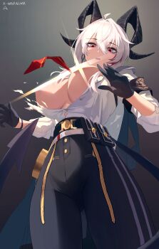  1girl absurdres ahoge armband black_armband black_gloves black_horns black_pants black_tail breasts chinese_commentary commentary_request curled_horns demon_tail earrings from_below gloves grey_eyes hair_between_eyes highres horns jewelry key_earrings large_breasts light_censor long_hair looking_at_viewer looking_down manaaluma multicolored_eyes multicolored_hair necktie nipples pants parted_lips red_eyes red_necktie shirt solo streaked_hair tail torn_clothes torn_shirt twitter_username two-tone_eyes white_shirt wuthering_waves zani_(wuthering_waves) 