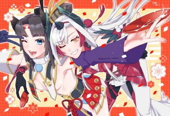  2girls alcohol armor armored_dress bare_shoulders black_gloves black_hair blue_eyes blue_panties blush breast_curtains breasts cleavage cleavage_cutout clothing_cutout commentary_request cup dekainiku_dooon detached_sleeves dress fate/grand_order fate_(series) feather_hair_ornament feathers gloves hair_bun hair_ornament hat highres horns japanese_armor kiichi_hogen_(fate) long_hair looking_at_viewer medium_breasts multiple_girls navel navel_cutout one_eye_closed open_mouth orange_eyes outstretched_arm panties parted_bangs pointy_ears red_armor sakazuki sake side_ponytail sidelocks single_side_bun smile tassel thighs underwear ushiwakamaru_(fate) very_long_hair white_dress white_hair wide_sleeves 