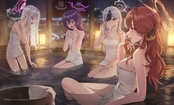 4girks 4girls absurdres aru_(blue_archive) bath bathing black_hair black_horns blue_archive blush breasts bucket cleavage closed_mouth commentary covering_privates demon_horns grey_halo hair_between_eyes hair_down halo haruka_(blue_archive) highres horns kayoko_(blue_archive) large_breasts long_hair looking_at_viewer multicolored_hair multiple_girls mutsuki_(blue_archive) naked_towel night okkimon onsen open_mouth outdoors partially_submerged pink_hair pointy_ears problem_solver_68_(blue_archive) purple_eyes purple_hair red_eyes red_halo same-sex_bathing shared_bathing steam symbol-only_commentary towel two-tone_hair water wet white_hair wooden_bucket yellow_eyes 