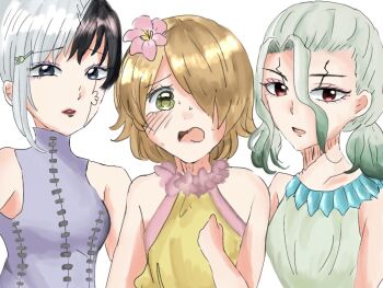  3boys asagiri_gen bare_shoulders black_hair blonde_hair blush boy_sandwich clenched_hand commentary_request cracked_skin crossdressing crossdressing_(mtf) curtained_hair dr._stone dress embarrassed eyeshadow flower flower_collar ginro_(dr._stone) green_dress green_eyes hair_between_eyes hair_flower hair_ornament hand_up harusame_soup_(har_s_k) ishigami_senkuu jewelry lipstick looking_at_viewer low_ponytail makeup male_focus medium_hair multicolored_hair multiple_boys nervous_sweating official_alternate_costume open_mouth parted_lips pink_eyeshadow ponytail purple_dress purple_eyes purple_eyeshadow red_eyes red_lips sandwiched shirt short_hair single_sidelock stitched_clothes sweat trap turtleneck turtleneck_shirt two-tone_hair upper_body wavy_eyes white_background white_hair yellow_dress 