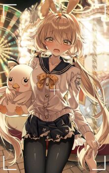  1girl 1other absurdres animal_ear_hairband animal_ears black_pantyhose blue_archive blue_sailor_collar blue_skirt blurry blurry_background blush bow bowtie brown_hair cardigan carousel carrot_hair_ornament collarbone commentary cowboy_shot fake_animal_ears ferris_wheel food-themed_hair_ornament frilled_skirt frills hair_ornament hairband halo hand_grab hifumi_(blue_archive) highres hugging_object jjuha6 long_hair long_sleeves looking_at_viewer low_twintails miniskirt night open_mouth outdoors pantyhose peroro_(blue_archive) pleated_skirt pov pov_hands rabbit_ear_hairband rabbit_ears sailor_collar school_uniform skirt solo_focus standing stuffed_animal stuffed_bird stuffed_toy twintails viewfinder white_cardigan yellow_bow yellow_bowtie yellow_eyes yellow_halo 