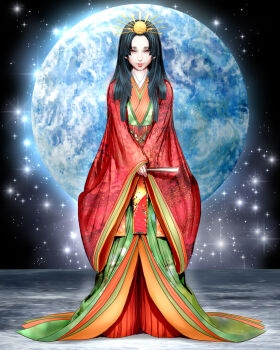  1girl black_hair character_name commentary_request earth_(planet) gold_tiara hand_fan highres hikimayu hime_cut holding holding_fan japanese_clothes kaguya_hime kimono lips lipstick long_hair looking_at_viewer makeup moon obi omangarl on_moon pale_skin planet red_eyes red_kimono red_lips sash space sparkle star_(sky) taketori_monogatari tiara 