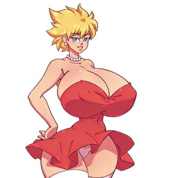 1girl blonde_hair blue_eyes breasts cleavage covered_erect_nipples curvy dress giant giantess gigantic_breasts huge_breasts lisa_simpson looking_at_viewer n647 narrow_waist panties pantyshot size_difference the_simpsons thick_thighs thighs underwear wide_hips 