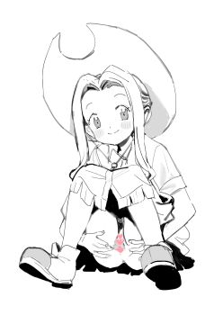  1girl absurdres blush censored closed_mouth commentary_request digimon digimon_adventure djheycha greyscale hat heart heart_censor highres loli long_hair looking_at_viewer monochrome pussy shoes short_sleeves sidelocks sitting smile solo spread_pussy spreading_own_pussy tachikawa_mimi 