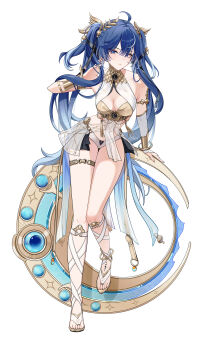  1girl ahoge ancient_greek_clothes armpit_crease bare_shoulders black_skirt blue_eyes blue_hair breasts cleavage closed_mouth commentary covered_collarbone full_body gladiator_sandals gold_bra greco-roman_clothes hair_belt hand_up highres iuno_(wuthering_waves) jewelry laurel_crown leaning_forward long_hair looking_at_viewer medium_breasts multicolored_hair sandals showgirl_skirt skirt solo streaked_hair tacet_mark_(wuthering_waves) tachi-e thighlet thighs twintails uriuritei vambraces very_long_hair white_background wuthering_waves 