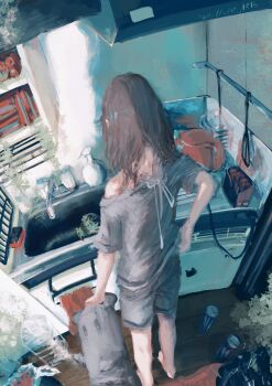  1girl arai_bokuseki back_ribbon barefoot brown_hair commentary_request energy_drink from_above full_body grey_shirt grey_shorts highres holding holding_stuffed_toy indoors kitchen long_hair off_shoulder original scratching_ass shirt shorts sink solo stuffed_animal stuffed_toy trash_can wooden_floor 