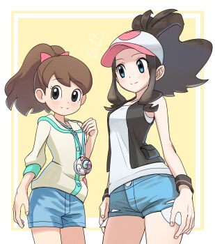  2girls asamaru1225 baseball_cap black_vest blue_eyes blue_shorts border bow breasts brown_hair closed_mouth crossover denim denim_shorts grey_eyes hair_bow hat high_ponytail highres hilda_(pokemon) jacket kodama_fumika long_hair multiple_girls nintendo pokemon pokemon_bw ponytail short_shorts shorts sidelocks simple_background small_breasts smile tank_top thighs vest white_border white_tank_top wristband yellow_background yellow_jacket youkai_watch 