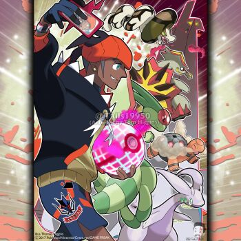  1boy aqua_eyes artist_name black_hair black_jacket blue_gloves blue_shorts bright_pupils closed_eyes closed_mouth commentary company_name copyright_notice dark-skinned_male dark_skin duraludon dynamax dynamax_ball dynamax_band english_commentary fingernails flygon forked_tongue from_side gen_3_pokemon gen_6_pokemon gen_7_pokemon gen_8_pokemon gigantamax gigantamax_duraludon gloves goodra green_eyes hat highres holding holding_poke_ball hood hooded_jacket jacket long_sleeves male_focus merchandise_available nintendo official_style open_mouth orange_hat outline poke_ball pokemon pokemon_(creature) pokemon_swsh pokemon_team raihan_(pokemon) red_clouds sandaconda short_hair shorts single_glove slime_(substance) smile smoke spikes tom_higgins tongue torkoal turtonator watermark white_outline white_pupils 