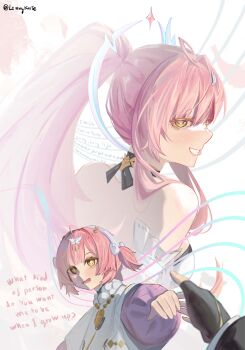  1boy 1girl absurdres adoptive_parent_and_adoptive_child aemeath_(wuthering_waves) aemeath_(young)_(wuthering_waves) ahoge bare_shoulders black_gloves bow breasts commentary english_commentary english_text father_and_daughter fingerless_gloves gloves hair_bow hair_ornament highres lennykaise looking_at_viewer male_rover_(perpetual_spark)_(wuthering_waves) male_rover_(wuthering_waves) medium_breasts open_mouth orange_eyes pink_hair ponytail pov pov_hands reaching reaching_towards_another rover_(wuthering_waves) smile star-shaped_pupils star_(symbol) symbol-shaped_pupils twitter_username white_bow wuthering_waves 