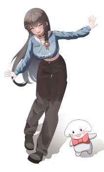  1girl ^_^ absurdres black_choker black_hair black_pants black_shoes blue_hoodie bow braid breasts choker closed_eyes creature crop_top cropped_hoodie full_body haedungi_(shirayuki_hina) hair_bow hair_ornament hashtag-only_commentary heart heart_hair_ornament heart_o-ring highres hood hood_down hoodie ishi_bap_burger large_breasts leaning_forward long_hair long_sleeves o-ring o-ring_choker open_mouth outstretched_arms pants print_hoodie red_bow shirayuki_hina shoes simple_background smile solo spread_arms standing stellive straight_hair virtual_youtuber white_background 