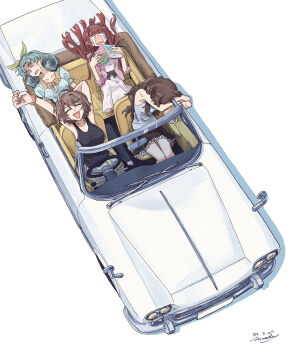  4girls @_@ ahoge arm_behind_head arm_up artist_name black_tank_top bracelet breasts brown_hair brown_skirt car closed_eyes commentary_request convertible crying dated from_above green_hair grey_tank_top hairband highres holding holding_magazine idolmaster idolmaster_million_live! idolmaster_million_live!_theater_days jacket jewelry kitazawa_shiho long_hair magazine_(object) miniskirt motor_vehicle multiple_girls open_mouth pink_jacket prince_skyline red_hair sakuramori_kaori shimady24 short_hair signature simple_background sitting skirt spiral-only_eyes sports_car streaming_tears tanaka_kotoha tank_top tears tokugawa_matsuri triangle_mouth white_background white_car 