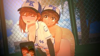  1boy 1girl absurdres anna_anon anna_skyler_(anna_anon) baseball_cap baseball_jersey baseball_uniform blush breasts brown_eyes brown_hair cellphone character_request cleavage closed_eyes clothed_sex collarbone collared_shirt commentary english_commentary facing_viewer hat hetero highres jersey koikatsu_(medium) large_breasts layered_sleeves leaning_forward long_sleeves looking_at_another open_clothes open_mouth open_shirt original outdoors phone public_indecency recording sex sex_from_behind shirt short_hair short_over_long_sleeves short_sleeves shota smartphone sportswear standing standing_sex tied_shirt twintails white_hat white_shirt 