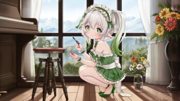  1girl absurdres alternate_costume bow bowtie closed_mouth commentary comodox cross-shaped_pupils detached_collar detached_sleeves dress english_commentary flower frilled_dress frills from_side genshin_impact gradient_hair green_bow green_bowtie green_dress green_eyes green_hair green_hairband green_shoes grey_hair hairband high_heels highres indoors instrument large_variant_set looking_at_viewer maid_headdress multicolored_hair nahida_(genshin_impact) nail_polish piano pink_nails pointy_ears shoes short_dress side_ponytail sidelocks smile solo squatting streaked_hair symbol-shaped_pupils variant_set vase window wooden_floor 