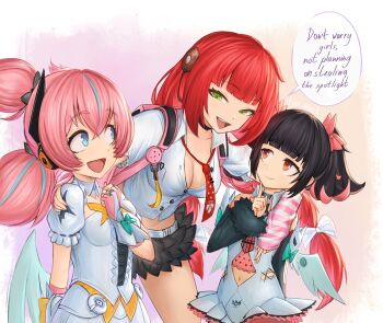  3girls angels_of_delusion aria_(zenless_zone_zero) arm_around_shoulder backpack bag black_hair blue_eyes braid breasts cleavage clothing_cutout cosplay dress english_text fingerless_gloves gloves green_eyes highres long_hair multiple_girls nangong_yu navel navel_cutout necktie pink_hair quad_tails red_eyes red_hair red_necktie ryusentzumi shirt sunna_(zenless_zone_zero) sunna_(zenless_zone_zero)_(cosplay) twin_braids twintails ukinami_yuzuha undersized_clothes white_dress white_shirt zenless_zone_zero 