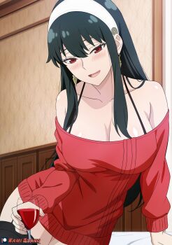  1girl :d arm_support bikini black_bikini black_hair black_thighhighs blush breasts cleavage collarbone cup drinking_glass earrings gold_earrings hair_down hairband highres holding holding_cup jewelry kami_otaku large_breasts leaning_to_the_side long_hair looking_at_viewer off-shoulder_sweater off_shoulder open_mouth paid_reward_available red_eyes red_sweater sitting smile solo spy_x_family sweater swimsuit thighhighs very_long_hair white_hairband wine_glass yor_briar  rating:Sensitive score:16 user:danbooru