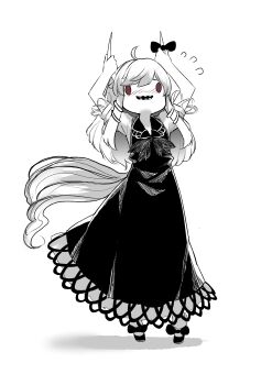  1girl absurdres arms_up ascot blush bow collared_dress dress ex-keine flying_sweatdrops footwear_bow full_body greyscale highres holding_own_horn horn_bow horn_ornament horns kamishirasawa_keine long_hair monochrome open_mouth pinafore_dress shadow shirt short_sleeves sidelocks simple_background sleeveless sleeveless_dress smile solid_oval_eyes solo spot_color standing sweet_reverie tail touhou white_background 