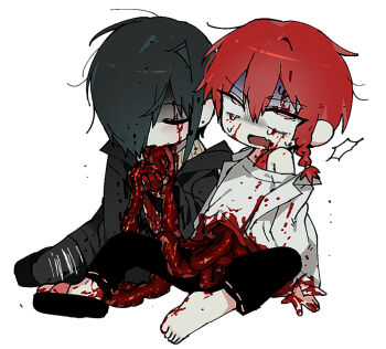  2boys allsu_official black_pants blank_eyes blood braid cannibalism character_request check_character closed_eyes commentary_request earrings full_body guro hair_over_one_eye injury intestines jacket jewelry korean_commentary maeno_aki male_focus multiple_boys one_eye_covered open_mouth pants red_hair shirt side_braid simple_background single_bare_foot sitting slippers spread_legs stud_earrings tsugino_haru white_background white_jacket white_shirt zeno_(game) 