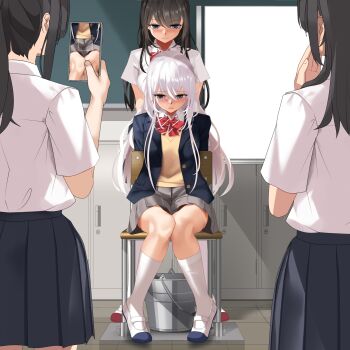 4girls arms_behind_back averting_eyes black_jacket blazer blue_eyes blush bow bowtie brown_hair bullying cellphone chalkboard classroom collared_shirt eto_(ikumika) grey_skirt hair_between_eyes highres holding holding_phone humiliation indoors jacket kneehighs knees_together_feet_apart long_hair miniskirt multiple_girls open_clothes open_jacket open_mouth original phone pleated_skirt red_bow red_bowtie restrained shirt skirt smartphone socks straight_hair sweater very_long_hair white_hair white_shirt white_socks wing_collar yellow_sweater rating:Questionable score:75 user:danbooru