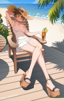  1girl anklet arm_behind_head armpits artist_name beach breasts brown_hair chair commentary crossed_legs dress english_commentary flower food fruit glass grin hard-degenerate hat hat_flower highres horizon iced_tea jewelry lemon lemon_slice medium_breasts ocean overwatch overwatch_1 partially_opaque_sunglasses platform_clogs platform_sandals red_eyes sandals shadow shore short_dress short_hair sitting smile solo spaghetti_strap strap_slip sun_hat sunglasses table tan tanline tracer_(overwatch) tree white_dress  rating:Sensitive score:133 user:danbooru