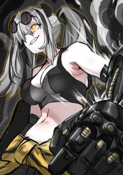  1girl animal_ears arknights armpits bare_shoulders black_hair breasts clothes_around_waist feater_(arknights) feater_(dojo_star)_(arknights) from_below glasses glasses_on_head glowing glowing_eyes grey_hair hair_over_one_eye haishima_xv highres large_breasts long_hair mechanical_arms midriff multicolored_hair panda_ears sharp_teeth sidelocks smile solo sports_bra steam stomach teeth tinted_eyewear twintails yellow_eyes  rating:Sensitive score:4 user:anonymous868