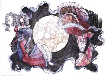  2girls arm_over_head arrow_(projectile) black_hair blue_shoes blunt_bangs blunt_ends bow braid breasts bridal_gauntlets choker cleavage commentary_request constellation_print curtained_hair dress fingernails floating_hair frilled_dress frilled_sleeves frills hair_bow hat highres hime_cut holding holding_arrow houraisan_kaguya juliet_sleeves long_hair long_skirt long_sleeves looking_at_viewer moon multiple_girls nurse_cap one_eye_covered painting_(medium) parted_lips pink_shirt puffy_sleeves red_nails sharp_fingernails shirt shoes skirt surume_(surumemodoki) touhou traditional_media watercolor_(medium) white_background wide_sleeves yagokoro_eirin 