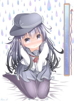  1girl akatsuki_(kancolle) artist_request between_legs black_pantyhose black_skirt blue_eyes blue_hair blush female_focus hand_between_legs hat have_to_pee kantai_collection loli long_hair looking_at_viewer pantyhose skirt solo trembling urine_meter  rating:Sensitive score:0 user:SGuy669