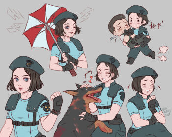  1boy 1girl artist_name beret black_gloves blood blue_eyes blue_hat blue_shirt brown_hair carrying chris_redfield closed_eyes commentary_request dog fingerless_gloves gloves grey_background hat heart highres holding holding_umbrella jill_valentine one_eye_closed princess_carry resident_evil resident_evil_1 shirt shoulder_pads signature simple_background smile strawbanna umbrella zombie_dog 