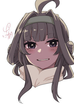  1girl absurdres ahoge artist_logo brown_hair commentary_request double_bun grey_hairband grin hair_bun hairband highres kantai_collection kongou_(kancolle) logo long_hair lr_hijikata parted_lips purple_eyes scarf smile solo upper_body 