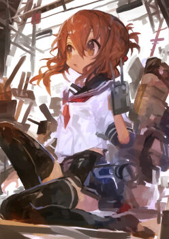  1girl absurdres black_sailor_collar black_skirt black_thighhighs brown_eyes brown_hair commentary full_body hair_between_eyes highres holding holding_walkie-talkie inazuma_(kancolle) kaamin_(mariarose753) kantai_collection miniskirt neckerchief open_mouth pleated_skirt red_neckerchief sailor_collar school_uniform serafuku shirt short_hair short_sleeves sitting skirt smile solo thighhighs walkie-talkie white_shirt 