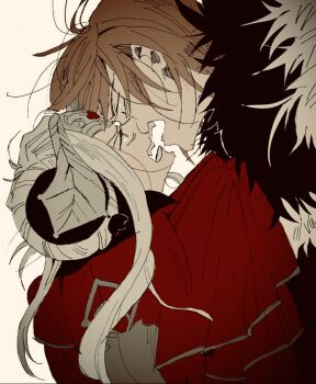  1boy 1girl angry black_fur blonde_hair blue_eyes close-up commentary couple dimitri_alexandre_blaiddyd dimitri_alexandre_blaiddyd_(timeskip) double_bun edelgard_von_hresvelg edelgard_von_hresvelg_(timeskip) eyepatch fake_horns fire_emblem fire_emblem:_three_houses from_side fur_trim hair_between_eyes hair_bun hair_up heads_together hetero hgus1128 horns looking_at_another looking_down looking_up messy_hair nintendo noses_touching open_mouth simple_background untranslatable_commentary upper_body wide-eyed 