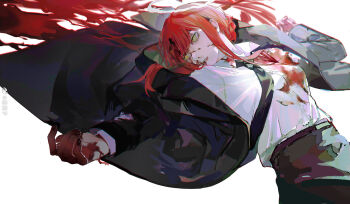  1girl artist_name black_coat black_necktie black_pants bleeding blood blood_from_forehead blood_from_mouth blood_halo blood_on_clothes blood_on_face blood_on_hands blood_stain blunt_bangs braid braided_ponytail breasts buttons chainsaw_man coat collared_shirt commentary_request death demon_girl dress_shirt empty_eyes eyebrows_hidden_by_hair formal_clothes glowing glowing_halo halo high-waist_pants highres liquid_halo long_coat long_hair long_sidelocks long_sleeves looking_to_the_side lying makima_(chainsaw_man) mature_female medium_breasts necktie nose nosebleed office_lady on_back open_clothes open_coat pants parted_lips raised_eyebrows red_hair ringed_eyes shirt shirt_tucked_in sidelocks simple_background single_braid sleepless_(wrysmile) solo torn_clothes torn_coat upper_body watermark weibo_username weibo_watermark white_background white_shirt wing_collar yellow_eyes 