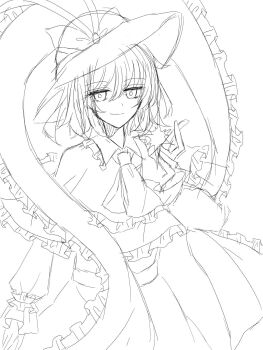  1girl ascot bow capelet closed_mouth commentary_request frilled_capelet frilled_shawl frills greyscale hat hat_bow highres long_sleeves looking_at_viewer monochrome nagae_iku shawl shirt short_hair simple_background skirt solo touhou unfinished xcqpe2tednbj1hy 