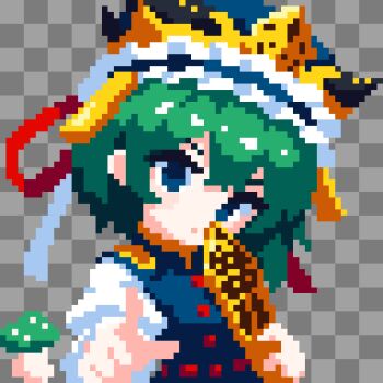  1girl blue_eyes blue_hat blush checkered_background closed_mouth commentary_request frilled_hat frills green_hair grey_background hat highres holding long_sleeves looking_at_viewer mushroom pixel_art rod_of_remorse shiki_eiki short_hair solo takeez3 touhou 