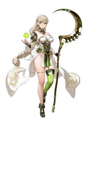  armor black_boots blonde_hair boots bow braid braided_ponytail breasts cleavage demeter_(fate) detached_collar detached_sleeves dress earrings fate/grand_order fate_(series) fingerless_gloves full_body game_cg gloves green_thighhighs hair_ornament highres holding holding_scythe jewelry long_hair looking_at_viewer official_art okojo scythe sickle single_braid single_thighhigh smile solo tachi-e thighhighs thighlet third-party_source transparent_background very_long_hair white_dress yellow_eyes 