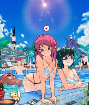  bikini black_eyes blue_eyes blue_sky bottle breasts cesar_art456 chrollo_lucilfer cleavage franklin_bordeau glasses gon_freecss green_hair heart highres hisoka_morow hunter_x_hunter innertube killua_zoldyck kurapika large_breasts leorio_paladiknight license_plate long_hair machi_komacine multiple_boys multiple_girls neferpitou octopus outdoors pakunoda pink_hair shizuku_murasaki sitting sky small_breasts spanish_commentary spoken_heart swim_ring swimsuit umbrella wading 