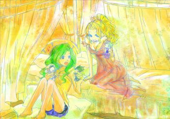  1990s_(style) 2girls barefoot bed blonde_hair blue_eyes cain_highwind cecil_harvey doll dress edward_geraldine feet female_focus final_fantasy final_fantasy_iv green_hair long_hair multiple_girls open_mouth ponytail rosa_farrell rydia_(ff4) shorts sitting sunny_harvey 