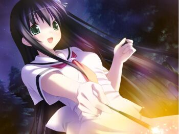 1girl amesarasa black_hair chiyokawa_rin female_focus fireworks game_cg green_eyes jpeg_artifacts kantoku long_hair non-web_source school_uniform serafuku solo sparkler rating:Sensitive score:3 user:danbooru