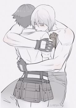  1boy 1girl artist_name black_gloves black_hair closed_eyes dante_(devil_may_cry) devil_may_cry devil_may_cry_(series) devil_may_cry_3 gloves grey_background highres jumpoon lady_(devil_may_cry) midriff no_shirt partially_fingerless_gloves shirt signature simple_background smile white_hair 