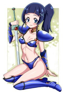  1girl aokaze_nana armor asortofcolorfag bikini bikini_armor blue_bikini blue_eyes blue_hair blush breasts colorized full_body greaves groin highres holding holding_sword holding_weapon kimi_to_idol_precure looking_at_viewer medium_hair miyagoe_yoshitsuki navel open_mouth pauldrons precure shoulder_armor side_ponytail sitting small_breasts smile solo stomach swimsuit sword vambraces weapon  rating:Sensitive score:5 user:danbooru