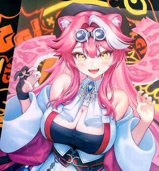  1girl animal_ear_fluff animal_ears beret black_hat black_tube_top blush breasts cat_ears cat_girl cat_tail claw_pose cleavage commentary_request goggles goggles_on_head hat hololive hololive_english large_breasts looking_at_viewer moa_(21energy12) multicolored_hair open_mouth pink_hair raora_panthera raora_panthera_(1st_costume) smile solo strapless streaked_hair tail tube_top vest virtual_youtuber white_streaks white_vest yellow_eyes 