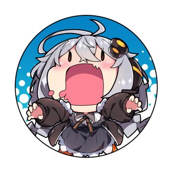  1girl antenna_hair black_jacket blue_background blush braid breasts brown_eyes chibi commentary_request dress drooling fang grey_dress grey_hair hair_ornament halftone halftone_background headset jacket kizuna_akari large_breasts long_hair long_sleeves looking_at_viewer low_twintails milkpanda mouth_drool open_mouth orange_pantyhose pantyhose puffy_long_sleeves puffy_sleeves round_image shirt solid_oval_eyes solo striped_clothes striped_pantyhose twin_braids twintails vertical-striped_clothes vertical-striped_pantyhose very_long_hair voiceroid white_shirt 